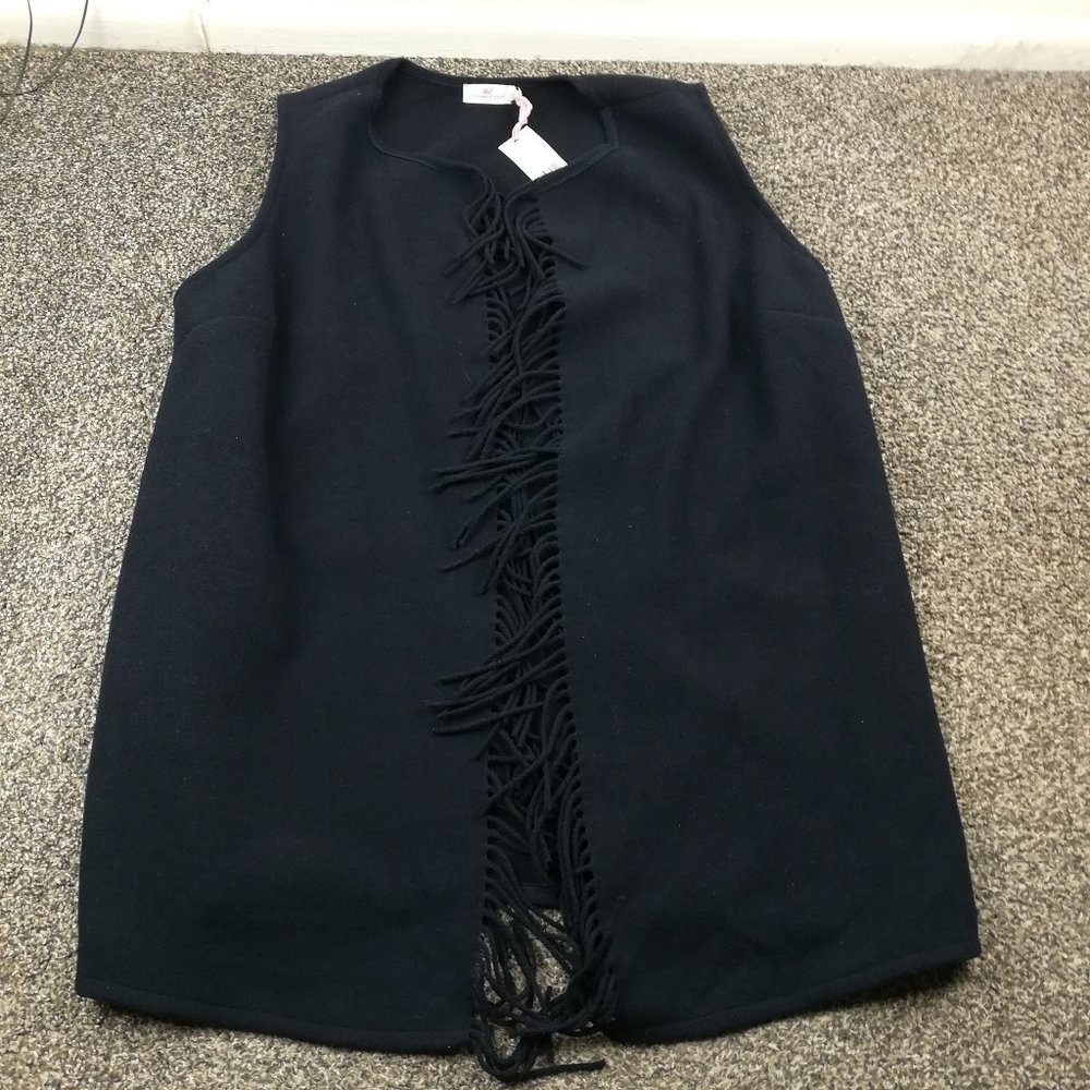 NWT Vineyard Vines Vest Open Front Fringe Wool Sweater Blue Womens 2X $168.00
